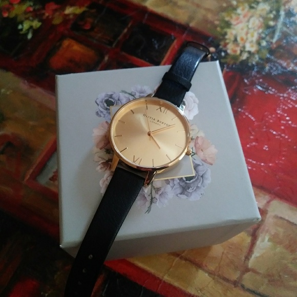 OLIVIA BURTON Accessories - Olivia Burton Gold Face Black leather womens watch